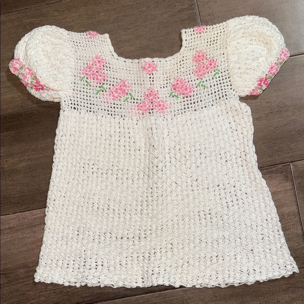 VTG Handmade Crocheted Baby Dress White w/ Pink Floral Embroidery & Puff Sleeves